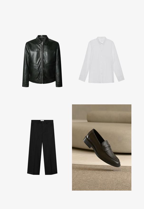 Zwarte leren jas met ritsluiting, twee voorzakken en een getailleerde kraag. Glad oppervlak met zichtbare stikdetails.; Witte blouse met lange mouwen van soepel stof, met een puntige kraag, voorkant met knoopsluiting en manchetten met één knoop.; Zwarte wijde broekspijpen gemaakt van een glad materiaal, voorzien van zakken aan de voorkant, een knoopsluiting en een vouw in elke pijp.; Zwarte leren loafer die rust op een beige tapijt met een gebogen beige bank op de achtergrond.