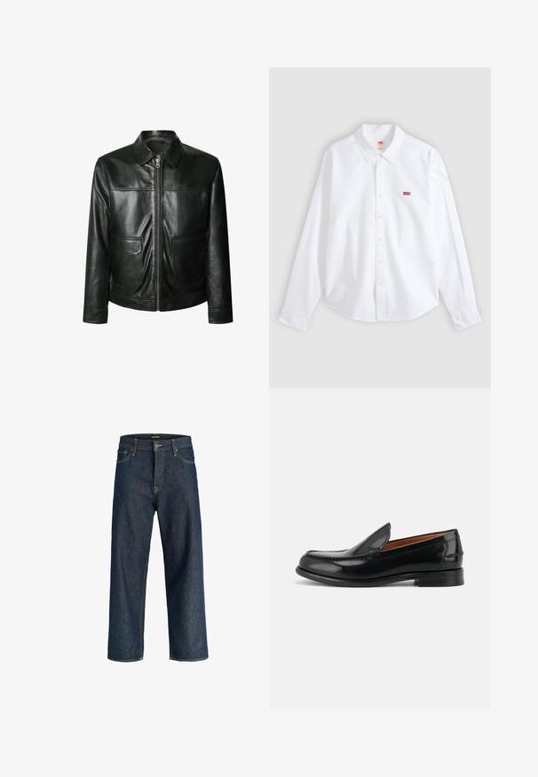 Chaqueta de cuero negro con cierre de cremallera, dos bolsillos delanteros y un cuello a medida. Textura suave con detalles de costura visibles.; Camisa blanca de manga larga con botones, cuello y pequeño logo rojo de Levi's en el área izquierda del pecho sobre un fondo neutro.; Vaqueros de mezclilla azul oscuro de corte recto, con bolsillos delanteros, trabillas para cinturón y cierre de botón, mostrados sobre un fondo blanco.; Mocasín negro de cuero pulido, tipo slip-on, con tacón bajo y detalles cosidos a lo largo de la puntera y los costados, mostrado de lado.