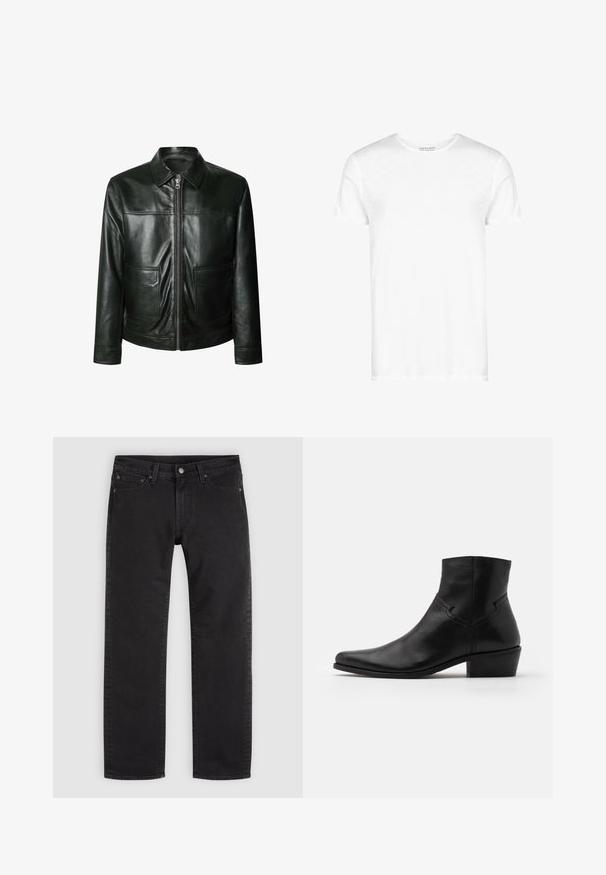 Schwarze Lederjacke mit Reißverschluss, zwei Vorder- taschen und maßgeschneidertem Kragen. Glatte Textur mit sichtbaren Nahtdetails.; Weißes T-Shirt aus leichtem Baumwollstoff, mit klassischem Rundhalsausschnitt, kurzen Ärmeln und einem leicht strukturierten Gewebe. Keine Logos oder Muster.; Schwarze Jeans mit geradem Bein, vorderem Knopf und Reißverschluss, Gürtelschlaufen und Fünf-Taschen-Design auf schlichtem hellem Hintergrund.; Schwarze Leder-Ankle-Boots mit spitzer Zehenpartie, minimalen Nähdetails, einem mittelhohen Blockabsatz und einer glatten, polierten Oberfläche.