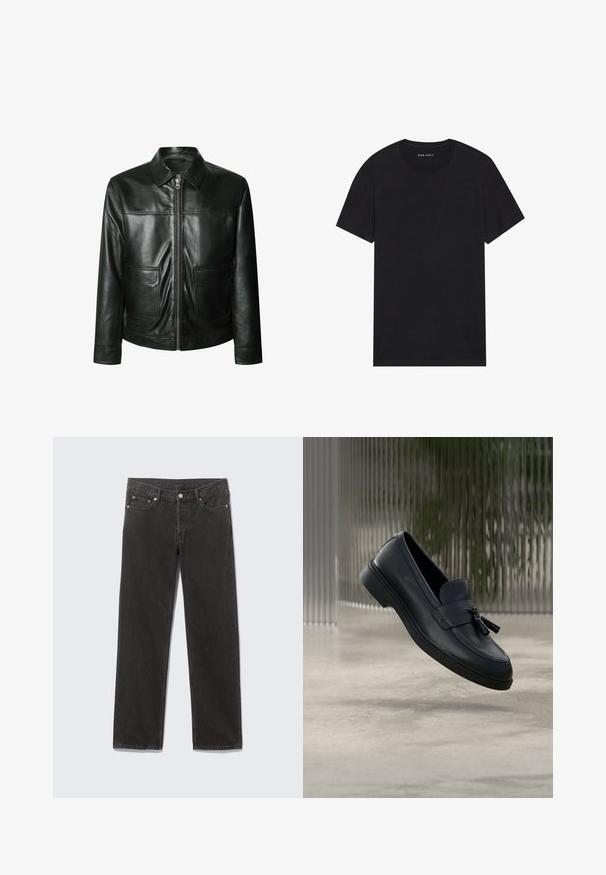 Chaqueta de cuero negro con cierre de cremallera, dos bolsillos delanteros y un cuello a medida. Textura suave con detalles de costura visibles.; Camiseta de algodón negra con mangas cortas y escote redondo. La tela tiene una textura suave y un diseño simple y sólido.; Vaqueros de mezclilla negros de pierna recta con bolsillos frontales, trabillas para cinturón y cierre de botón, colocados planos sobre un fondo gris.; Mocasines de cuero negro con textura suave, punta redondeada y borlas decorativas en el frente. Suela de goma flexible con tacón bajo.