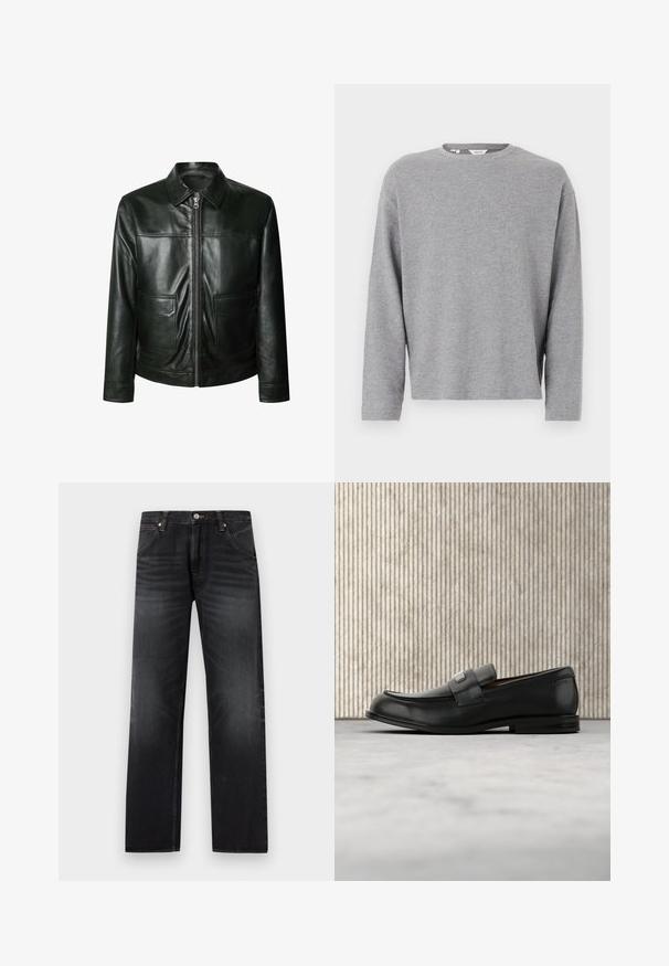 Chaqueta de cuero negro con cierre de cremallera, dos bolsillos delanteros y un cuello a medida. Textura suave con detalles de costura visibles.; Sudadera de manga larga y cuello redondo en gris claro con una textura de punto lisa y sencilla, mostrada sobre un fondo blanco.; Vaqueros negros para hombre de pierna recta con detalles descoloridos, cierre frontal de botones y bolsillos laterales delanteros.; Mocasín de cuero negro con una placa metálica de marca apoyado cerca de una mesa redonda marrón sobre un suelo alfombrado beige.