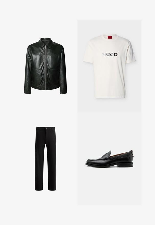 Chaqueta de cuero negro con cierre de cremallera, dos bolsillos delanteros y un cuello a medida. Textura suave con detalles de costura visibles.; Camiseta blanca de manga corta con cuello redondo y logotipo reflectante "HUGO" centrado en el pecho.; Pantalones negros a medida con un diseño frontal plano, piernas rectas, cierre de botón único y presillas para cinturón, confeccionados en una tela suave sin patrones visibles.; Mocasín de hombre de piel negra con costura moc toe, tira penny, cuello texturizado y tacón bajo apilado sobre fondo blanco.