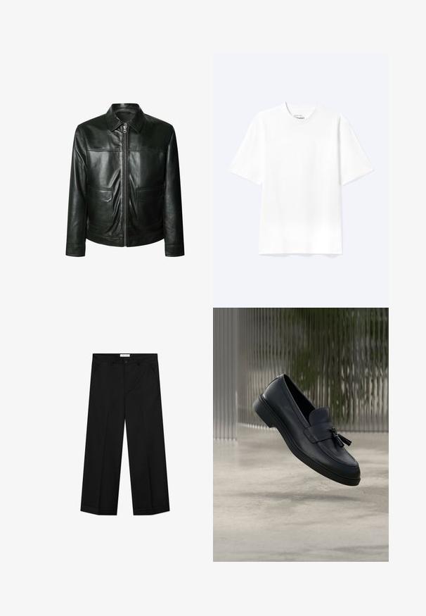 Veste en cuir noir avec fermeture éclair, deux poches avant et un col ajusté. Texture lisse avec des détails de couture visibles.; T-shirt blanc uni à manches courtes et col rond avec une coupe décontractée, présenté sur un fond clair.; Pantalon noir à jambes larges en tissu lisse, doté de poches avant, d'une fermeture par bouton et d'un pli marqué sur chaque jambe.; Mocassins en cuir noir avec une texture lisse, un bout arrondi et des pampilles décoratives à l'avant. Semelle en caoutchouc flexible avec un petit talon.