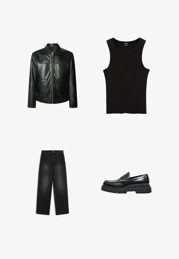 Schwarze Lederjacke mit Reißverschluss, zwei Vorder- taschen und maßgeschneidertem Kragen. Glatte Textur mit sichtbaren Nahtdetails.; Schwarzes, geripptes Tanktop mit rundem Halsausschnitt und weiten Armausschnitten, aus einem weichen, dehnbaren Stoff. Marke: Pull&Bear.; Schwarze Jeans mit hoher Taille und geradem Bein, mit Vordertaschen, Knopfverschluss und dezenten ausgewaschenen Details an Oberschenkeln und Knien.; Schwarzer Leder-Slipper mit dicker Profilsohle und Pennyriemen-Detail, seitlich auf weißem Hintergrund gezeigt.