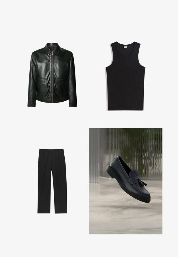 Sort læderjakke med lynlås, to frontlommer og skræddersyet krave. Glat tekstur med synlige syninger.; Sort tanktop lavet af bomuld med rund halsudskæring og ærmeløs design. Glat tekstur uden synlige mønstre eller accenter.; Sorte bukser med lige ben, lavet af et glat stof. Har frontfolder og en enkelt knaplukning i taljen.; Sorte læderloafers med en glat tekstur, en rundet tå og dekorative kvaster foran. Fleksibel gummisål med lav hæl.