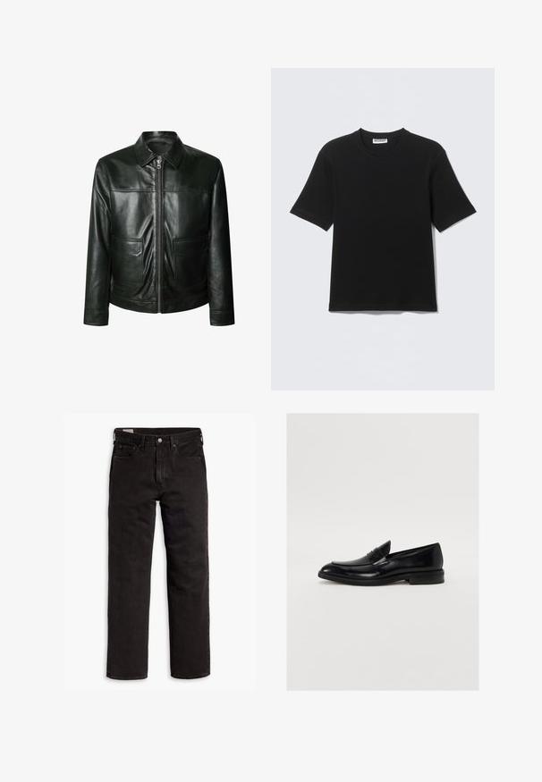 Sort læderjakke med lynlås, to frontlommer og skræddersyet krave. Glat tekstur med synlige syninger.; Sort kortærmet T-shirt med rund hals og "WEEKDAY" mærke på indersiden af kraven, vist fladt på en lys baggrund.; Sorte lige bukser i denim med fem lommer, knaplukning og bæltestropper, lagt fladt ud på en hvid baggrund.; Sorte læder loafers med rund tå, subtil syning og en glat overflade. Har en lav stablet hæl og en strop over vamsen.