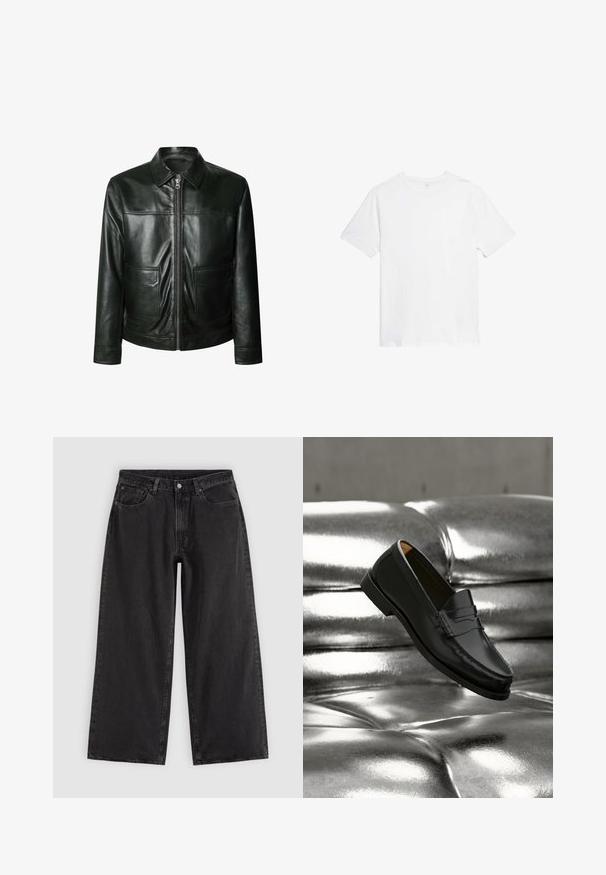 Zwarte leren jas met ritsluiting, twee voorzakken en een getailleerde kraag. Glad oppervlak met zichtbare stikdetails.; Marks & Spencer T-shirt basic - white; Zwarte wijde spijkerbroek met voorzakken, riemlussen en knoopsluiting, getoond op een effen lichte achtergrond.; Zwarte leren loafer zweeft boven een glanzende zilveren leren bank met knopen in een minimalistische setting.