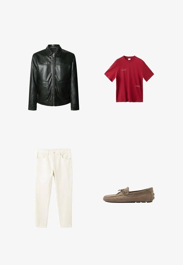 Veste en cuir noir avec fermeture éclair, deux poches avant et un col ajusté. Texture lisse avec des détails de couture visibles.; T-shirt en coton rouge à manches courtes, col rond, avec des accents de texte blancs sur le devant. Design simple à coupe droite.; Jean en denim blanc à coupe slim, poches avant et fermeture à un bouton. Texture lisse avec des détails de couture discrets.; Mocassin en daim marron clair avec couture sur le bout, détail lacé sur le dessus, et semelle en caoutchouc noir antidérapante visible au talon et sous la chaussure.