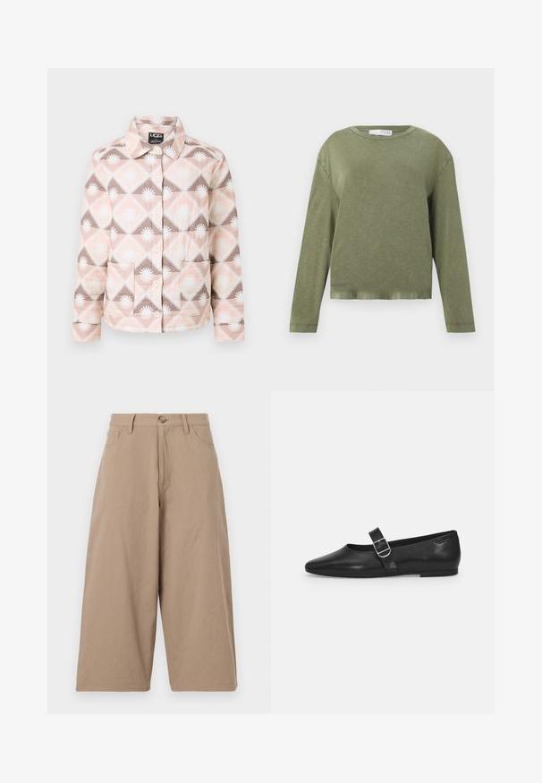Gequilte jas met een geometrisch patroon in roze, beige en bruin. Voorzien van een kraag, knoopsluiting en twee voorkruiszakken.; Olijfgroen langemouwen crewneck shirt met een relaxte pasvorm en een iets gecroppte zoom op een effen witte achtergrond.; Kaki wijde broek van katoen, met een hoge taille, voorzakken en een enkele knoopsluiting. Soepele textuur en rechte snit.; Zwarte leren platte schoen met een ronde neus, een enkele verstelbare gespsluiting en een gladde, glanzende textuur. Minimalistisch ontwerp met een lage hak.