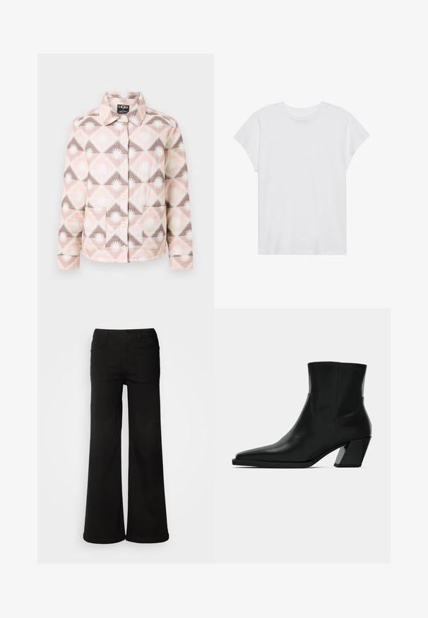 Gequilte jas met een geometrisch patroon in roze, beige en bruin. Voorzien van een kraag, knoopsluiting en twee voorkruiszakken.; Witte t-shirt met korte mouwen, ronde hals, relaxte pasvorm, gemaakt van zacht katoen. Glad textuur, geen patronen of logo's.; Zwarte wijde denim broek met voorzakken, een knoopsluiting en een gladde textuur met een nette afwerking.; Zwarte leren enkelboot met een spitse neus, een slanke silhoeet en een chunky vierkante hak. Gladde textuur met minimale stikdetails.