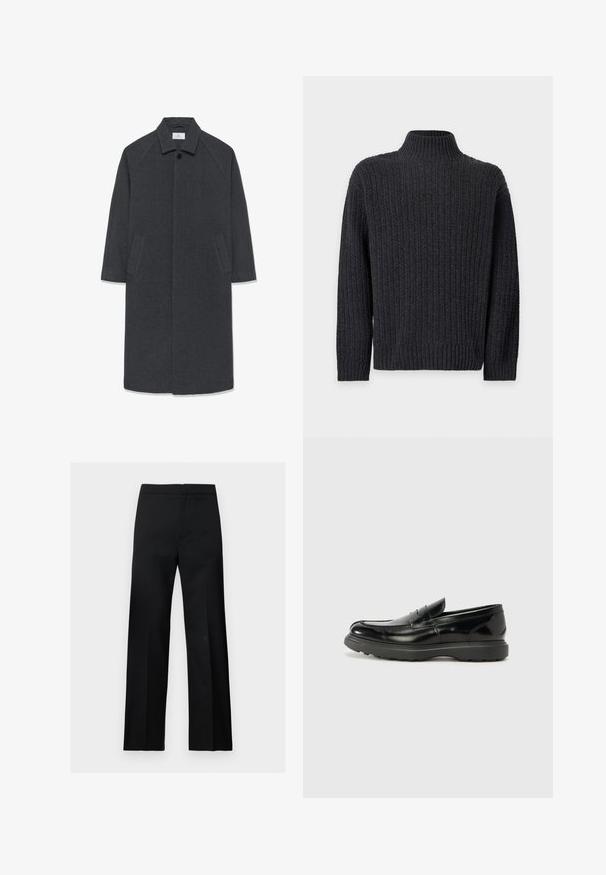 Mørkegrå langt uldfrakke med bred krave, skjulte forknapper og to skrå sidelommer, størrelse medium.; Sort chunky strikket sweater med lange ærmer og høj ribbet rullekrave på hvid baggrund.; Sorte, lige formelle bukser med høj talje og et rent, minimalistisk design, vist på en ensartet lys baggrund.; Sort læderloafer med en blank finish, rund tå, subtile syninger og en tyk gummisål for holdbarhed.