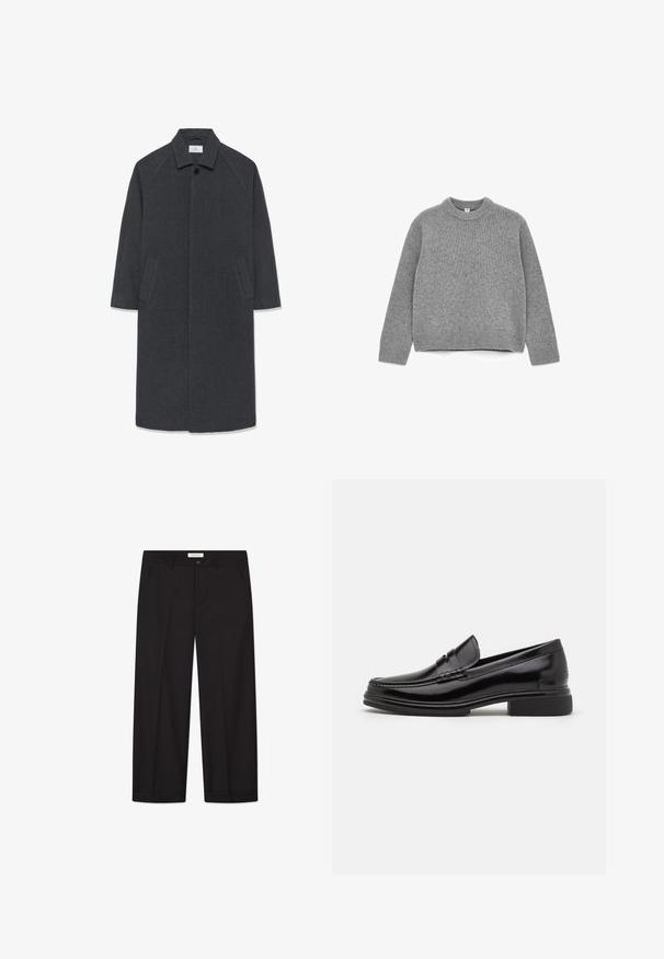 Manteau long en laine gris foncé avec un large col, boutons avant dissimulés et deux poches latérales inclinées, taille moyenne.; Pull en tricot gris avec un col rond, des manches longues, des poignets et un ourlet côtelés, et une texture douce.; Pantalons larges noirs en tissu lisse. Comprend une fermeture avec bouton et zip, deux poches avant et une finition ourlée nette.; Mocassins en cuir noir avec un embout arrondi, présentant un détail cousu sur le dessus, et un petit talon carré. Texture lisse et finition brillante.
