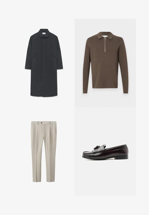 Donkergrijze lange wollen jas met brede kraag, verborgen voorknopjes en twee schuine zijzakken, maat medium.; Bruine lange mouwen gebreide pullover met een kraag en een halve rits in het zilver aan de voorkant.; Beige pantalon met fijne strepen, voorvouw, zijzakken, riemlussen en knoopsluiting in de taille.; Donkerbruine leren loafer met kwastje, een lage hak en gestikte details op het bovenwerk, zijaanzicht tegen een witte achtergrond.