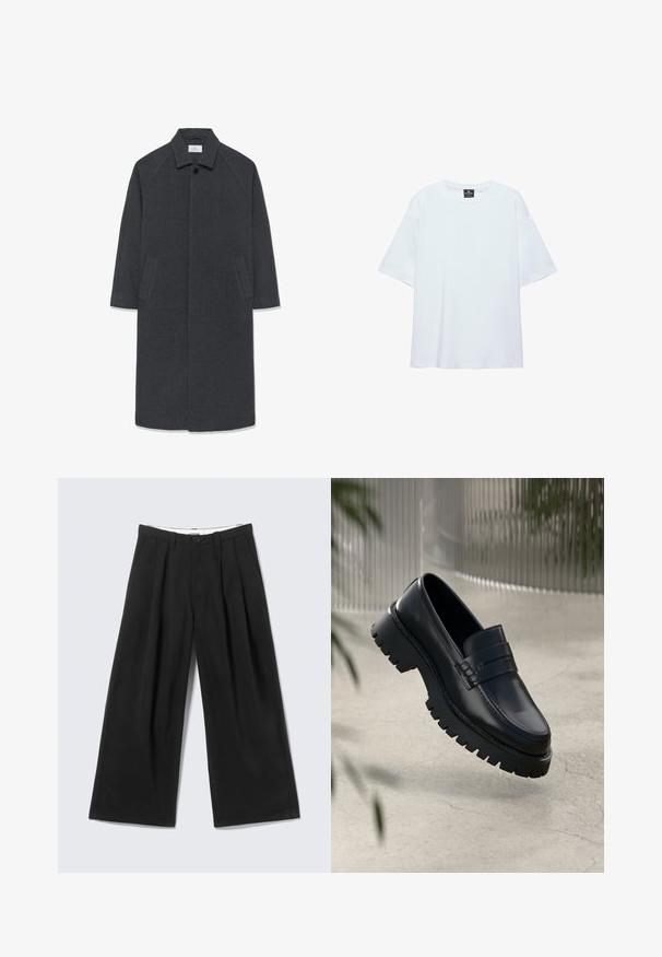 Mørkegrå langt uldfrakke med bred krave, skjulte forknapper og to skrå sidelommer, størrelse medium.; Hvid, oversized T-shirt med korte ærmer og rund halsudskæring, med en sort etiket inde i kraven på en hvid baggrund.; Sorte bukser med vide ben, læg, bæltestropper og en knaplukning, vist mod en lys grå baggrund.; Sorte læder loafers med en chunky sål, der har en dekorativ rem og syninger. Glat tekstur med en poleret overflade.