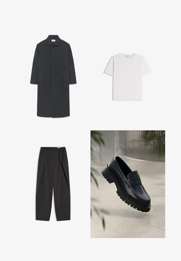 Mørkegrå langt uldfrakke med bred krave, skjulte forknapper og to skrå sidelommer, størrelse medium.; Hvid bomuld T-shirt med rund halsudskæring og korte ærmer. Har en klassisk, firkantet form uden synlige mønstre eller detaljer.; Sorte sorte bukser med høj talje, skræddersyede med læg, bæltestropper og lige ben, vist fladt på en hvid baggrund.; Sorte læder loafers med en chunky sål, der har en dekorativ rem og syninger. Glat tekstur med en poleret overflade.