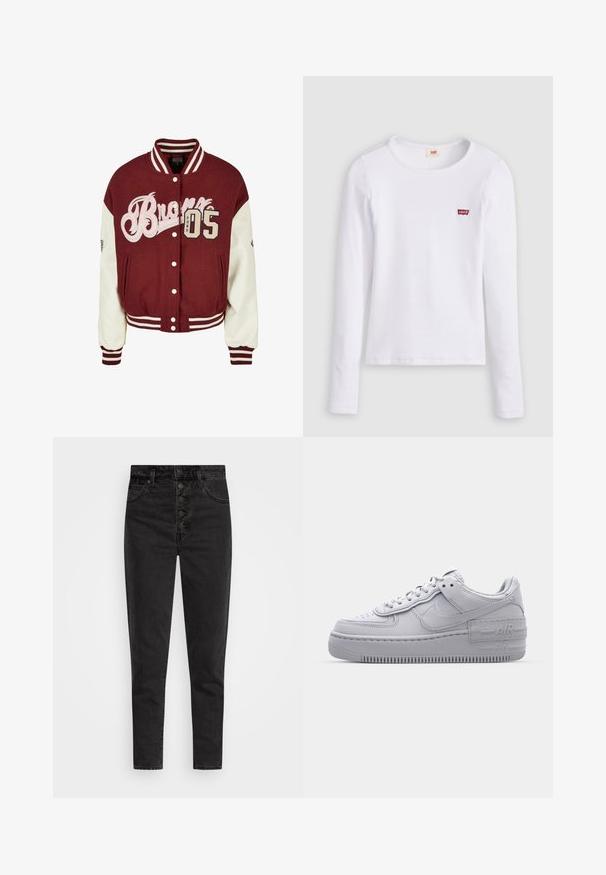Μπορντό varsity jacket με λευκά δερμάτινα μανίκια, κεντημένο "Bronx 05" σε ροζ και μπεζ στο στήθος, με κουμπιά που κλείνουν με κλίκ και ρίγες στους καρπούς.; Λευκό μακρυμάνικο πουκάμισο Levi's με στρογγυλή λαιμόκοψη και μικρό κόκκινο λογότυπο Levi's στο αριστερό στήθος, απεικονισμένο σε μονόχρωμο φόντο.; Υψηλής μέσης μαύρα τζιν παντελόνια από denim με κουμπωτή πτήση, πέντε τσέπες και στενή γραμμή. Απαλή υφή με ελάχιστο ξεθώριασμα και χωρίς διακοσμήσεις.; Γκρι Nike Air Force 1 αθλητικό παπούτσι με πορώδη μύτη, λεία δερμάτινη επάνω επιφάνεια, χοντρή σόλα και ανάγλυφη λεπτομέρεια 'AIR' στην φτέρνα.