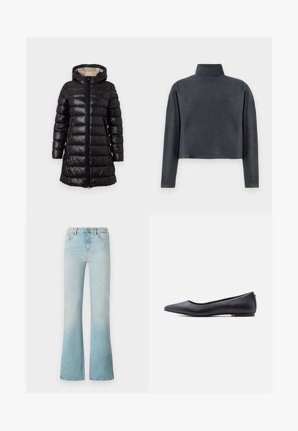 Musta puhvitakki, jossa on vetoketjullinen etuosa, huppu ja kaksi sivutaskua. Valmistettu kiiltävästä materiaalista, jossa on tikattu kuvio ja kevyt muotoilu.; DRYKORN ASIRAL - Collegepaita - grey; Vaalean siniset korkeavyötäröiset farkut, joissa on levenevä lahje, etunappi sekä edessä ja takana taskut, esillä valkoisella taustalla.; Musta kärjestään terävä, matalakorkoinen nahkainen tasapohjakenkä, esitetty sivuprofiilissa valkoista taustaa vasten.