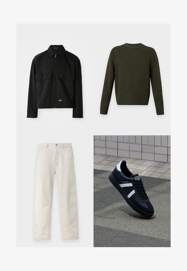 Veste en coton noir avec fermeture éclair, col classique, deux poches plaquées à l'avant et patch logo en bas. Texture lisse, design décontracté.; Pull côtelé vert foncé avec col rond, manches longues et ourlet ajusté. Confectionné en maille texturée.; Pantalon beige clair à jambes droites avec fines rayures verticales, fermeture avant par boutons, passants pour ceinture et poches latérales.; Sneaker en cuir noir avec des rayures blanches, semelle en caoutchouc texturée et devant à lacets. Présente une étiquette de marque sur la languette.
