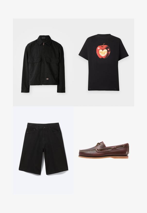 Sort bomuldsjakke med lynlås, spidse krave, to forreste klaplommer og logo patch ved kanten. Glat tekstur, afslappet design.; Sort kortærmet t-shirt med et rødt æblemotiv, der har et hjerteformet bid og teksten "carhartt WIP" inde i biddet.; Sorte denim shorts til knæet med frontknap, bæltestropper og fem lommer, vist mod en hvid baggrund.; Brun læder bådsko med hvide sømme, snøre detaljer og lysbrun gummisål, vist fra siden på hvid baggrund.