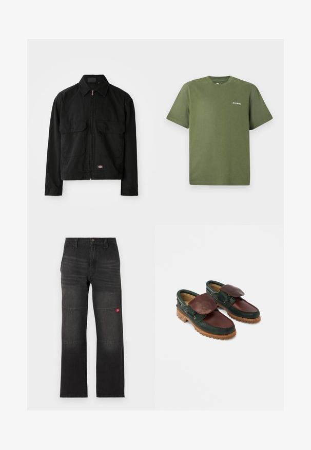 Zwarte katoenen jasje met een ritssluiting, puntkraag, twee voorzakken en een logo patch aan de zoom. Gladde textuur, casual ontwerp.; Olijfgroene katoenen t-shirt met korte mouwen, ronde hals en een witte "Dickies"-logo op de borst. Soepele textuur en casual ontwerp.; Zwarte denim werkbroek met dubbele kniepaneel en een kleine rode logopatch op het rechterbeen, rechte snit en tailleband met knoopsluiting.; Leren schoenen met een donkergroene body en een wijnrode bovenkant, een ronde neus, een beveiligde klep en een gestructureerde rubberen zool met groeven.