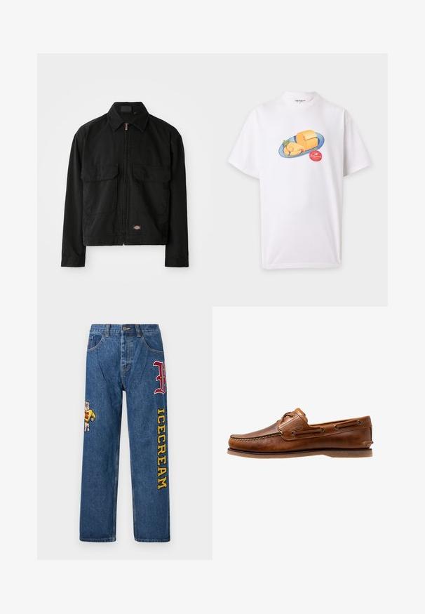 Zwarte katoenen jasje met een ritssluiting, puntkraag, twee voorzakken en een logo patch aan de zoom. Gladde textuur, casual ontwerp.; Witte T-shirt met korte mouwen met een afbeelding van een blauw bord met kaas en een takje groene kruiden, plus een rode ronde sticker onder het bord.; Lichtblauwe denim jeans met een losse pasvorm. Voorzien van een geborduurde hond op het linkerbeen en de tekst "ICECREAM" in geel op het rechterbeen.; Brown leren botenschoen met gestikte accenten, voorzien van metalen oogjes, een verhoogde naad op de neus en een platte rubberen zool.