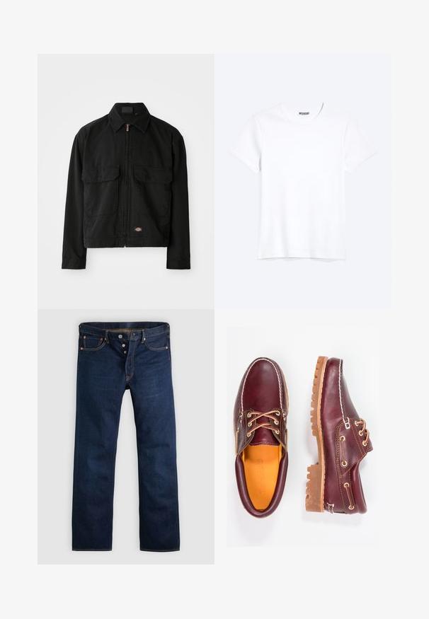 Veste en coton noir avec fermeture éclair, col classique, deux poches plaquées à l'avant et patch logo en bas. Texture lisse, design décontracté.; T-shirt blanc uni à manches courtes et col rond avec une étiquette de la marque WEEKDAY visible au niveau du col, présenté sur un fond clair.; Jean en denim bleu foncé avec une coupe droite, cinq poches et des coutures dorées. Comprend une braguette à boutons et des rivets en cuivre. Texture lisse.; Chaussures en cuir bourgogne avec semelles en caoutchouc marron, bout rond, couture blanche et œillets dorés. L'intérieur présente une doublure jaune.