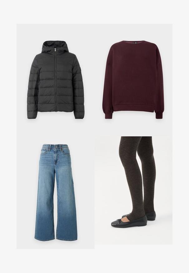 Mustkunstjakke kapuutsiga, millel on ees lukuga sulgemine, horisontaalne tikandimuster ja elastsed mansetid. Sile tekstuur ja kerge materjal.; Burgundia värvi sweatshirt, mis on valmistatud pehmest kangast, millel on ümar kaelus, pikad varrukad ja soonikkoes mansetid. Üksnes lihtne disain, ilma mustrite või aktsentideta.; Sinised kõrge vöökohaga teksapüksid laiade säärtega, ees nööpide ja lukuga ning viie taskuga lihtsal taustal.; Jalad seljas tumedad soonelises soonelises kombines mustade baleriinadega, millel on väikesed paelade detailid valgel taustal.