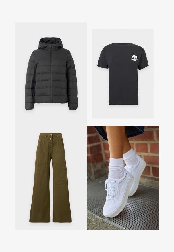Sort pufferjakke med hætte, med en frontlynlås, horisontalt quiltet design og elastiske manchetter. Glat tekstur og let materiale.; Sort t-shirt med korte ærmer og rund halsudskæring med en lille hvid hibiscusblomst og teksten "Rip Curl Surf Co" på øverste venstre bryst.; Olivengrønne bukser med vid ben, høj talje, lukning med fire knapper foran og store rektangulære lappelommer på lårene.; Hvide lærreds sneakers med gummisåler, der har seks snørehuller, rund tå og let sømdetaljer, krydret med hvide ankelstrømper.