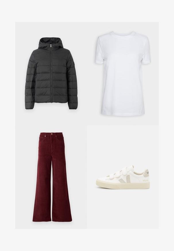 Sort pufferjakke med hætte, med en frontlynlås, horisontalt quiltet design og elastiske manchetter. Glat tekstur og let materiale.; Simpel hvid T-shirt med korte ærmer og rund hals, normal pasform og et lille indvendigt mærke på nakken med teksten "SELECTED FEMME."; Bredde ben bukser i kordfløjl i burgunder, med høj talje, forlommer og knaplukning. Struktureret ribbet stof hele vejen igennem.; Hvide sneakers med velcro-remme, suede detaljer i beige, struktureret gummisål og V-logo i grå. Minimalistisk design, afrundet form.