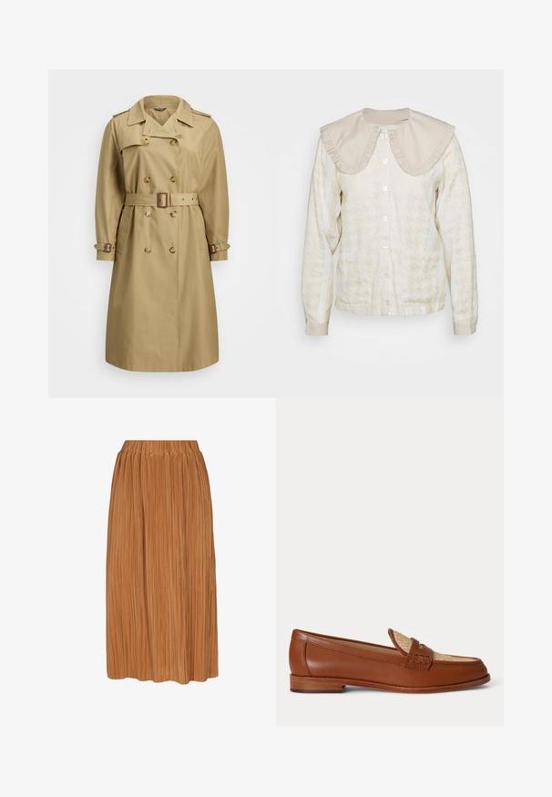 Béžový trenčkot s dvojitým zapínaním vpredu, veľkými klopami, pásom a nastaviteľnými manžetami; hladká tkanina s klasickým dizajnom.; SUMMERY Copenhagen BRIELLE - Blúzka - whisper white; Plisovaná midi sukňa v teplej hnedej farbe, s nažehleným pásom a vertikálnymi plisami po celej dĺžke, čo vytvára textúrovaný vzhľad.; Hnedá kožená mokasína s pleteným béžovým panelom na vrchu, nízkym dreveným podpätkom a tradičným dizajnom remienka na mincu na bielom pozadí.