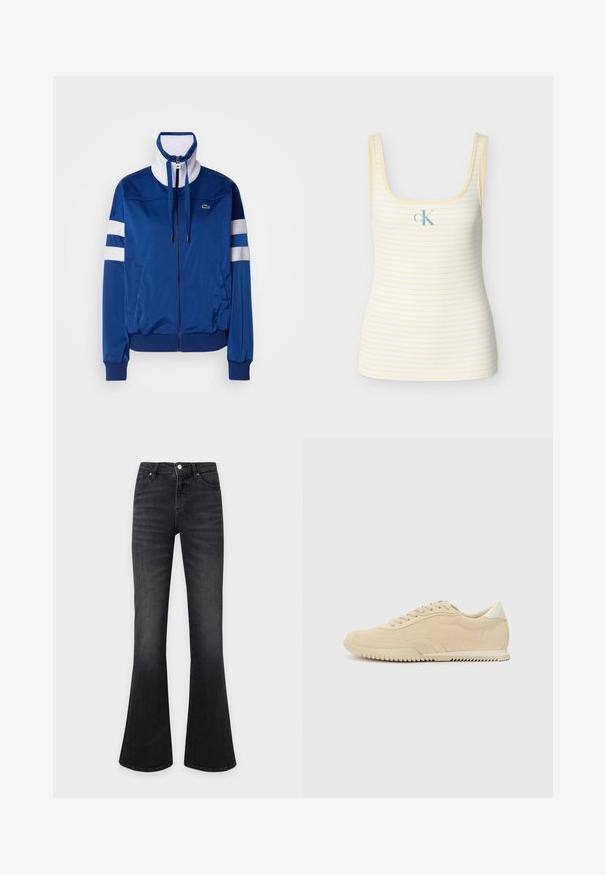 Blå polyester træningsjakke med høj krave, frontlynt og hvide accenter og striber. Feature et logo på venstre bryst.; Stribet gul tanktop med firkantet halsudskæring, ribbet tekstur og en lille blå "cK" logo foran. Fremstillet af blødt materiale.; Sorte cowboybukser med høj talje, vidde ben, for-åbning med knap og lynlås samt fem-lomme-design.; Beige ruskinds sneakers med snørebånd, struktureret overflade, kontrasterende gummisål og en let hæl. Minimalistisk stil med diskret branding.