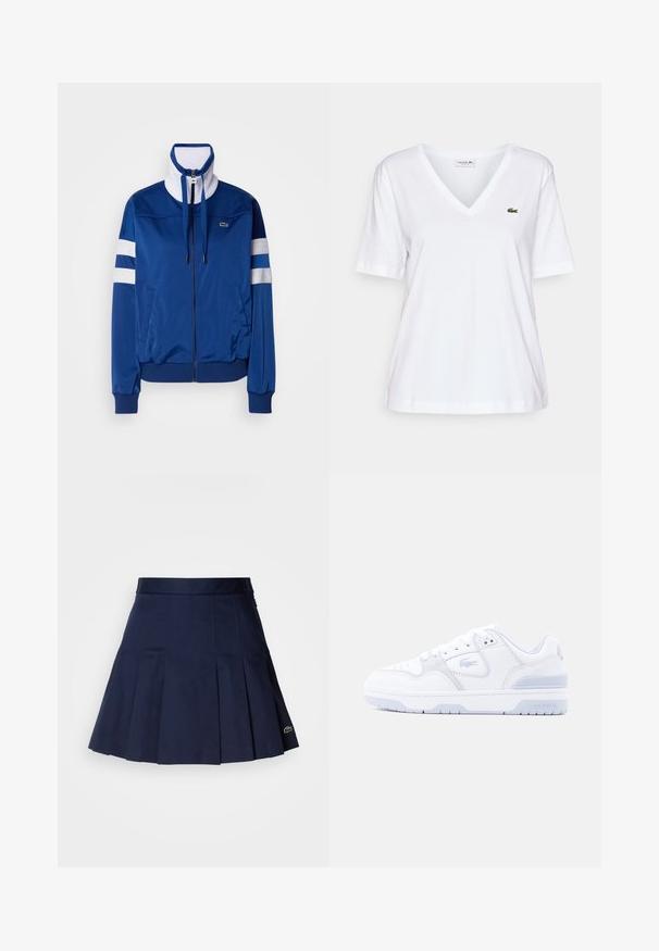 Blå polyester træningsjakke med høj krave, frontlynt og hvide accenter og striber. Feature et logo på venstre bryst.; Hvid V-hals t-shirt lavet af bomuld med korte ærmer, prydet med et lille grønt krokodillelogo på venstre bryst. Simpelt design og letvægts.; Mørkeblå plisseret nederdel med en tætsiddende talje, lavet af et glat stof. Har et lille Lacoste-logo i kanten.; Hvid lav sko fra Lacoste med syninger, snørebånd, perforeret tå og præget krokodillelogo på siden og sålen.