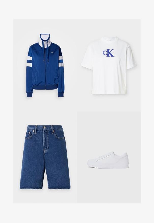 Blå polyester træningsjakke med høj krave, frontlynt og hvide accenter og striber. Feature et logo på venstre bryst.; Hvid kortærmet T-shirt lavet af bomuld med rund halsudskæring, med en blå "CK"-logo og tekst i kontrasterende blå tryk.; Mørkeblå denimshorts med en klassisk pasform, fem-lomme design og orange syninger. Afsluttet med en frontknap og lynlås.; Tommy Hilfiger TH PLATFORM - Sneakers - white