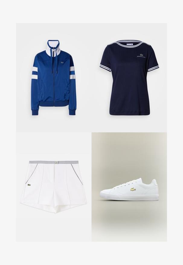 Blå polyester træningsjakke med høj krave, frontlynt og hvide accenter og striber. Feature et logo på venstre bryst.; Mørkeblå T-shirt med ribbet tekstur, hvide stribede detaljer på krave og ærmer samt lille grøn Lacoste-logo på lommen.; Hvide skræddersyede shorts med lodrette sømme, stribet taljebånd, forlommer med sort piping og et lille grønt krokodillelogo på venstre side.; Hvid sneaker lavet af glat læder med en rund tå, flade snørebånd og et lille guld logo. Har en struktureret gummisål og et enkelt design.