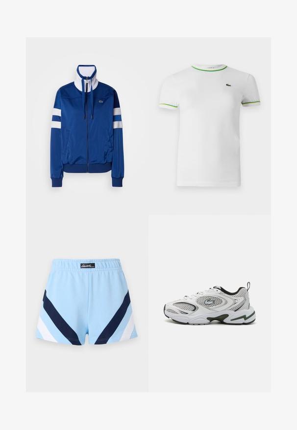 Blaues Polyester-Trainingsjackett mit hohem Kragen, Frontreißverschluss, weißen Akzenten und Streifen. Mit einem Logo auf der linken Brust.; Weißes Baumwoll-T-Shirt mit kurzen Ärmeln, runder Ausschnitt und grünen sowie gelben Ripp-Details am Kragen und den Ärmelabschlüssen. Lacoste-Logo auf der Brust.; Hellblaue Sportshorts mit marineblauen und weißen Chevron-Streifen sowie einem elastischen Bund mit einem schwarzen Etikett und weißem Text.; Weiße Sportschuhe mit Netzpanelen, schwarzen Akzenten und einer strukturierten Sohle. Sie bieten ein schlankes Design und ein auffälliges Logo an der Seite.