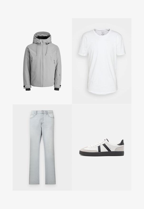 Veste isolante gris clair avec capuche, fermeture éclair à l'avant et poches zippées sur les côtés. Équipée de poignets ajustables et d'une texture lisse et résistante à l'eau.; T-shirt blanc à manches courtes en coton avec un col ras du cou classique. Présente un ourlet légèrement incurvé et des détails de couture minimalistes.; Jeans droits à lavage clair avec bouton frontal, fermeture éclair et style cinq poches sur un fond uni.; Baskets blanches avec des accents noirs et gris, présentant un embout texturé gris, une semelle en caoutchouc noir et des lacets plats blancs. Design épuré, style minimaliste.