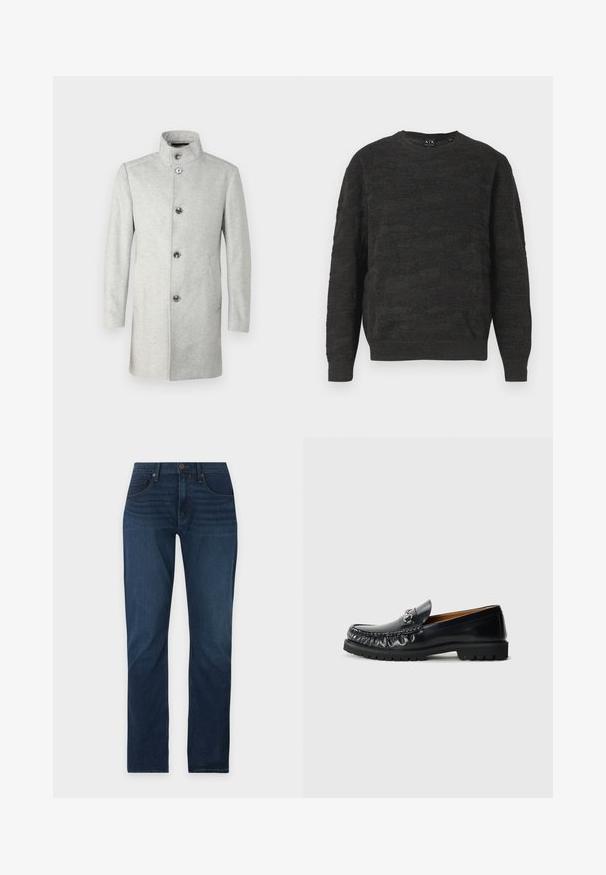 JOOP! MARON - Κλασικό παλτό - medium grey; Πλεκτό μαύρο πουλόβερ με σχέδιο υφής σε ζιγκ ζαγκ, στρογγυλή λαιμόκοψη και μακριά μανίκια. Το ύφασμα έχει μαλακή, αναπνέουσα υφή.; Σκούρα μπλε τζιν με ίσια γραμμή, κλείσιμο με κουμπί και φερμουάρ μπροστά, μπροστινές τσέπες και θηλιές για ζώνη σε απλό φόντο.; Μαύρο δερμάτινο λοφάρι με στρογγυλή μύτη, διακοσμητική ραφή και μεταλλικό στοιχείο στο μπροστινό μέρος; καουτσούκ σόλα με μοτίβο πρόσφυσης.