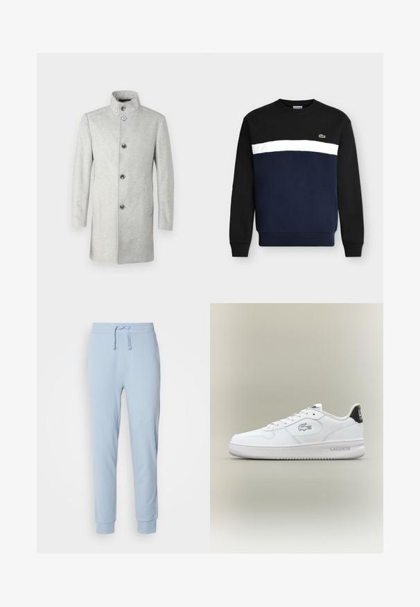 JOOP! MARON - Manteau classique - medium grey; Sweatshirt col rond avec partie supérieure noire, bande horizontale blanche, partie inférieure bleu marine, manches longues et petit logo crocodile vert sur la poitrine.; Pantalons de survêtement bleu clair en tissu doux avec une taille élastique et un cordon de serrage réglable. Les ourlets avec bordure complètent le design.; Baskets en cuir blanc avec une boîte à orteils texturée, design à lacets et semelle en caoutchouc. Présente un accent de talon noir et le logo Lacoste.