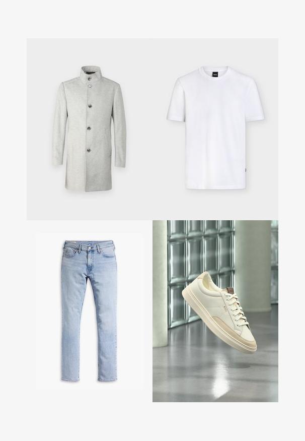 JOOP! MARON - Manteau classique - medium grey; T-shirt blanc uni à manches courtes et col rond avec une petite étiquette de marque noire au niveau du col et une texture subtile sur le tissu.; Jeans en denim bleu clair avec une coupe droite, cinq poches, coutures marron et fermeture à bouton à l'avant. Apparence usée et sans embellissements.; Sneaker blanc à tige basse avec des accents beiges et des lacets, de la marque « BOSS », flottant au-dessus d’un sol poli avec un mur en blocs de verre en arrière-plan.
