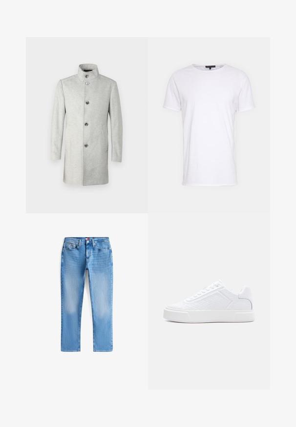 JOOP! MARON - Klassinen takki - medium grey; Valkoinen puuvillapaita, jossa on pyöreä kaula-aukko, lyhyt hiha ja suora leikkaus. Ominaisuuksiin kuuluu yksinkertainen, sileä pinta ilman lisäkuvioita.; Vaaleansiniset slim fit -farkut, joissa etutaskut, vyölenkit, nappikiinnitys ja hentoa haalistumaa reisissä ja polvissa.; Valkoinen matalakärkinen lenkkari, jossa on kohokuvioitu geometrinen kuvio, nauhakiinnitys ja paksu pohja, esitetty sivuprofiilina valkoisella taustalla.