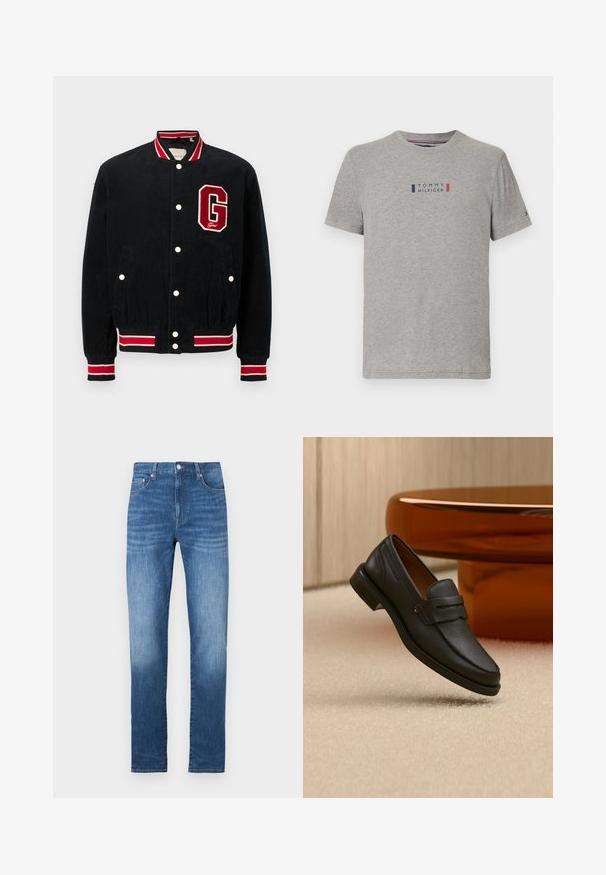 Veste bomber en velours côtelé bleu marine avec des accents en rouge et blanc, boutons-pression et un patch en feutre rouge "G" sur la poitrine gauche.; T-shirt en coton gris avec un col rond, des manches courtes et un logo central "TOMMY HILFIGER" avec des accents bleu et rouge.; Jean en denim bleu à coupe droite, cinq poches, délavage estompé, fermeture par bouton métallique à la taille. Matière coton, texture lisse.; Mocassin homme en cuir noir avec une bande sur le dessus, présenté sur un tapis beige près d'une table ronde moderne marron.