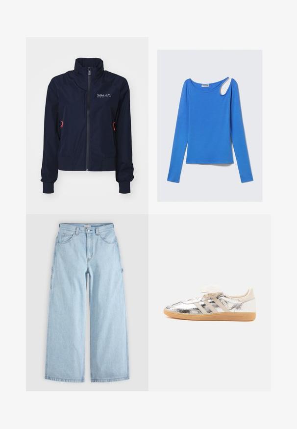 Marineblaue Windjacke mit hohem Kragen, vorderem Reißverschluss, elastischen Bündchen und roten Hardware-Details. Logo auf der oberen linken Brustseite.; Langärmeliges blaues Oberteil aus weichem Stoff, mit einem einzigartigen Schulterausschnitt und einem runden Halsausschnitt. Sauberes Design, minimalistischem Stil.; Hellblaue Jeans mit weitem Bein, vorderen Taschen, Gürtelschlaufen und seitlichen Werkzeugtaschen-Schlaufen, flach auf grauem Hintergrund liegend.; Niedriger Sneaker mit glänzend silbernem Obermaterial, beige drei Streifen, weiße Schnürsenkel und leicht braune Gummisohle, in Seitenansicht auf weißem Hintergrund gezeigt.