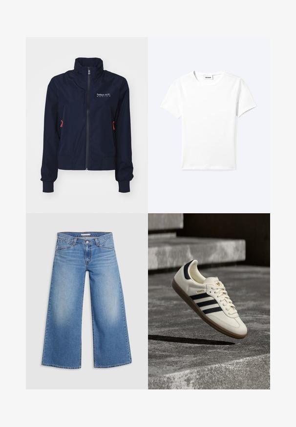 Chaqueta cortavientos azul marino con cuello alto, cremallera frontal, puños elásticos y detalles en rojo. Logo en la parte superior izquierda del pecho.; Camiseta blanca lisa de manga corta con cuello redondo y una pequeña etiqueta "WEEKDAY" dentro del cuello, mostrada extendida sobre un fondo claro.; Jeans de tiro alto de una tela de mezclilla azul claro y de pierna ancha, con el clásico diseño de cinco bolsillos y un sutil desgastado a lo largo de las piernas.; Zapatilla blanca Adidas Samba con franjas negras y suela de goma, flotando sobre escalones de hormigón gris texturizado.