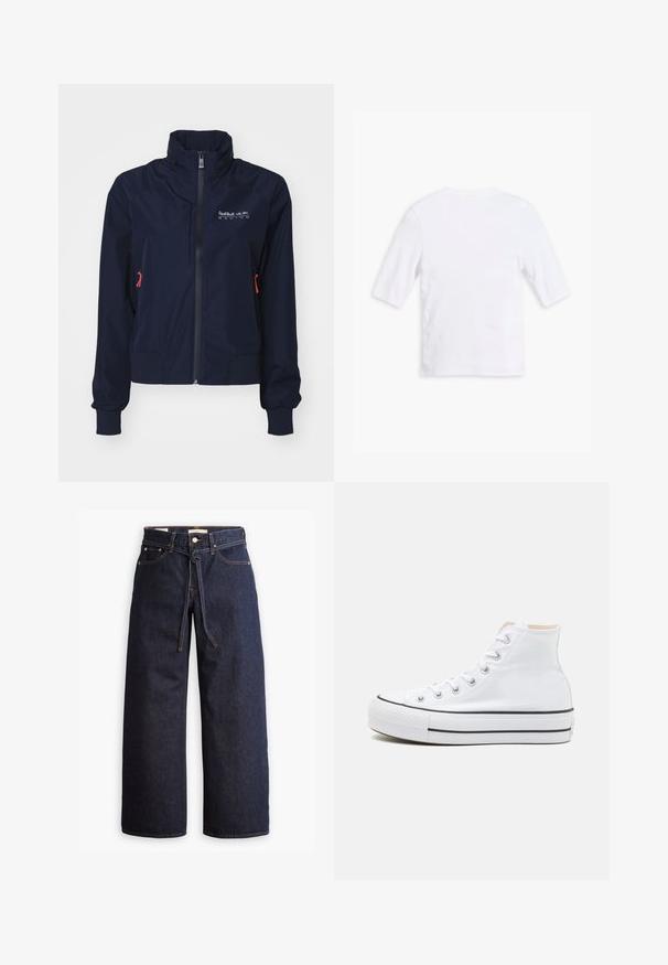 Marineblaue Windjacke mit hohem Kragen, vorderem Reißverschluss, elastischen Bündchen und roten Hardware-Details. Logo auf der oberen linken Brustseite.; Weißes Baumwoll-T-Shirt mit kurzen Ärmeln, rundem Ausschnitt und glatter Textur. Keine sichtbaren Muster oder Verzierungen.; Weite, dunkelblaue Jeans aus Denim mit hoher Taille, ausgestattet mit einem Kordelzug, fünf Taschen und kontrastierenden Nähdetails.; Weiße High-Top-Sneaker aus einem Material aus Segeltuch, mit schwarzer Gummisohle und kontrastierendem schwarzen Streifen auf der Zwischensohle. Runde Zehenkappe und Schnürdesign.