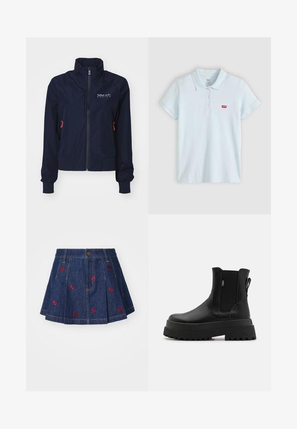 Tumed sinine tuulekindel jakk, millel on kõrge kaelus, eesmine lukku, elastsed mansetid ja punased detailid. Logo vasakul üleval rinnal.; Hele sinine lühikeste varrukatega polo-särk, millel on kolm nööpi ja väikese punase Levi's logo vasakul rinnal.; Tumed denim seelik plisseede ja tumeda pesuga, punaste tikanditega liblikate detailidega ning klassikalise viie-tasku disainiga, millel on ees nupp.; Buffalo PLUTO CHELSEA - Platvormtallaga poolsaapad - black