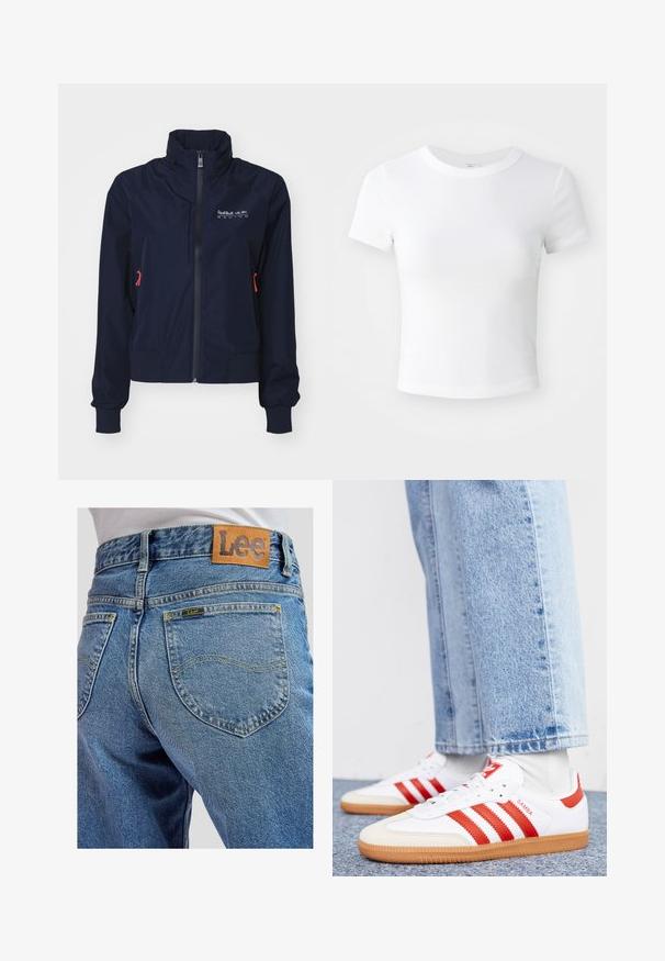 Chaqueta cortavientos azul marino con cuello alto, cremallera frontal, puños elásticos y detalles en rojo. Logo en la parte superior izquierda del pecho.; Camiseta corta de manga corta blanca, con cuello redondo, exhibida sobre un fondo neutral claro.; Jeans de mezclilla azul con bolsillos traseros que presentan costuras amarillas y un parche de cuero marrón de la marca Lee en la cinturilla.; Zapatillas de cuero blancas con rayas y detalles rojos. Cuentan con una suela de goma texturizada y un collar acolchado. Llevadas con denim azul claro.