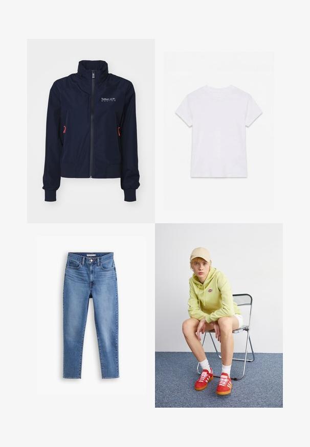 Marineblå vindjakke med høj krave, frontlynlås, elastiske håndled og røde hardware-detaljer. Logo på venstre bryst.; Hvid kortærmet t-shirt i bomuld med rund hals, lagt fladt på en hvid baggrund.; Blå højtaljede kvindejeans med frontknap og lynlåslukning, bæltestropper og fem-pockets design, flad på hvid baggrund.; Lysegrøn hættetrøje med logo, hvide shorts, røde sneakers med hvide striber, siddende på en krom foldebænk mod en neutral baggrund.