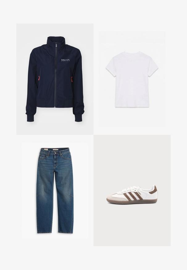 Marineblaue Windjacke mit hohem Kragen, vorderem Reißverschluss, elastischen Bündchen und roten Hardware-Details. Logo auf der oberen linken Brustseite.; Schlichtes weißes kurzärmliges Baumwoll-T-Shirt mit Rundhalsausschnitt, flach auf einem weißen Hintergrund liegend.; Blaue Denim-Jeans mit einer lockeren Passform, hoher Taille, geraden Beinen, sichtbaren Nähten und einem kleinen Akzent am linken Knie.; Weißer Adidas Samba Sneaker mit braunen Wildlederstreifen, brauner Gummisohle und beiger Wildlederkappe, von der Außenseite auf schlichtem Hintergrund gezeigt.