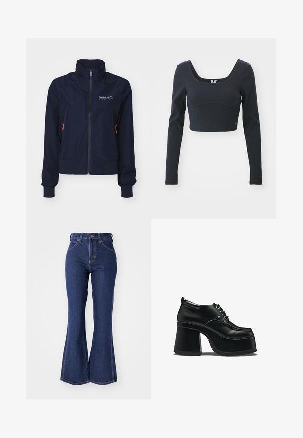 Tumed sinine tuulekindel jakk, millel on kõrge kaelus, eesmine lukku, elastsed mansetid ja punased detailid. Logo vasakul üleval rinnal.; Must mustriba mustikateel pikkade varrukatega cropped top, millel on lai ümmargune kaelus ja istuv siluett, ning delikaatne brändi logo aksent.; Tumedast sinise värvusega flared teksased, mis on valmistatud denimist, kõrge vöökoha, esise nupuga kinnituse ja kontrastsete valgete õmblustega.; Mustad pakse platvormiga tennisejalanõu paksu kõrge kontsaga, eespaelaga ja moc-tallaga, näidatud küljelt valgel taustal.