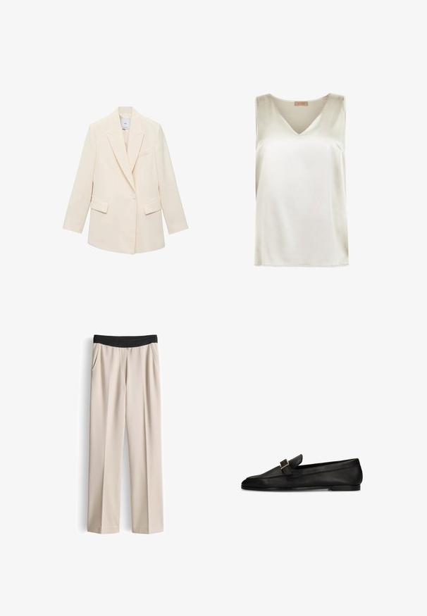 Blazer beige ajusté avec fermeture à un bouton, revers crantés, deux poches avant et une silhouette épurée. Tissu lisse et texturé.; Blouse sans manches en satin ivoire avec un décolleté en V et une coupe étroite aux épaules, étiquetée Falconeri Seta Collection.; Pantalon beige à jambe droite avec ceinture élastique noire et poches latérales, présenté sur fond blanc.; Mocassin en cuir noir avec une boucle dorée sur la bride, semelle plate et bout arrondi, présenté de profil sur fond blanc.